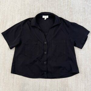 Anthropologie Cloth & Stone Short Sleeve Button Down Black Blouse Top M